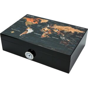 Humidor Weltkarte schwarz glänzend für ca. 50 Zigarren